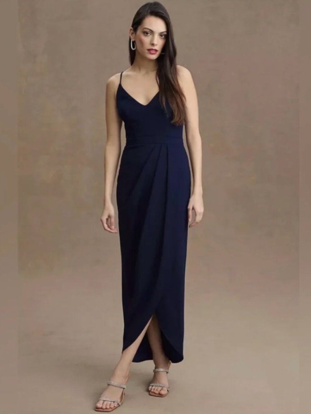 BHLDN Lyra V-Neck Faux-Wrap Stretch Crepe Midi Dress